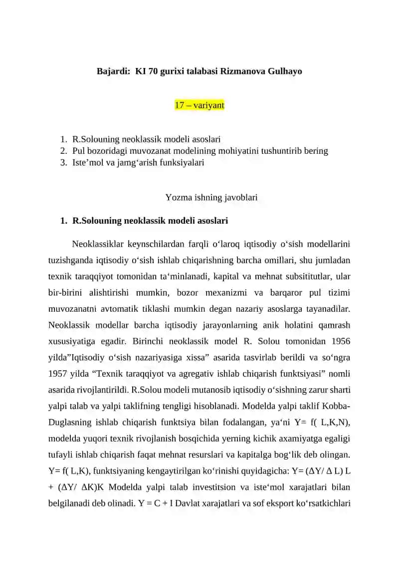 R.Solouning neoklassik modeli asoslari
