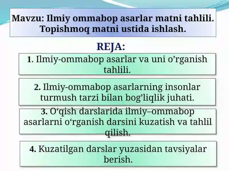 Ilmiy-ommabopasarlar va unio'rganish tahlili