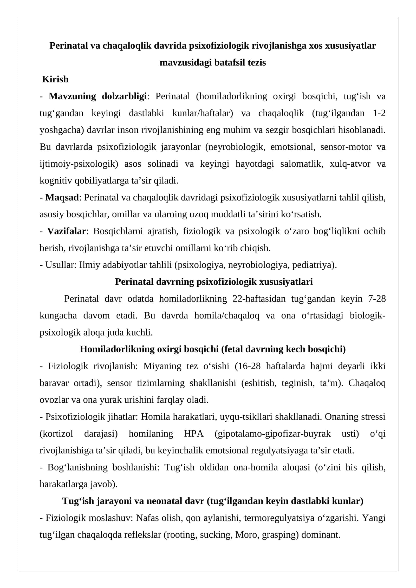 Perinatal va chaqaloqlik davrida psixofiziologik rivojlanishga xos xususiyatlar mavzusidagi batafsil tezis 1