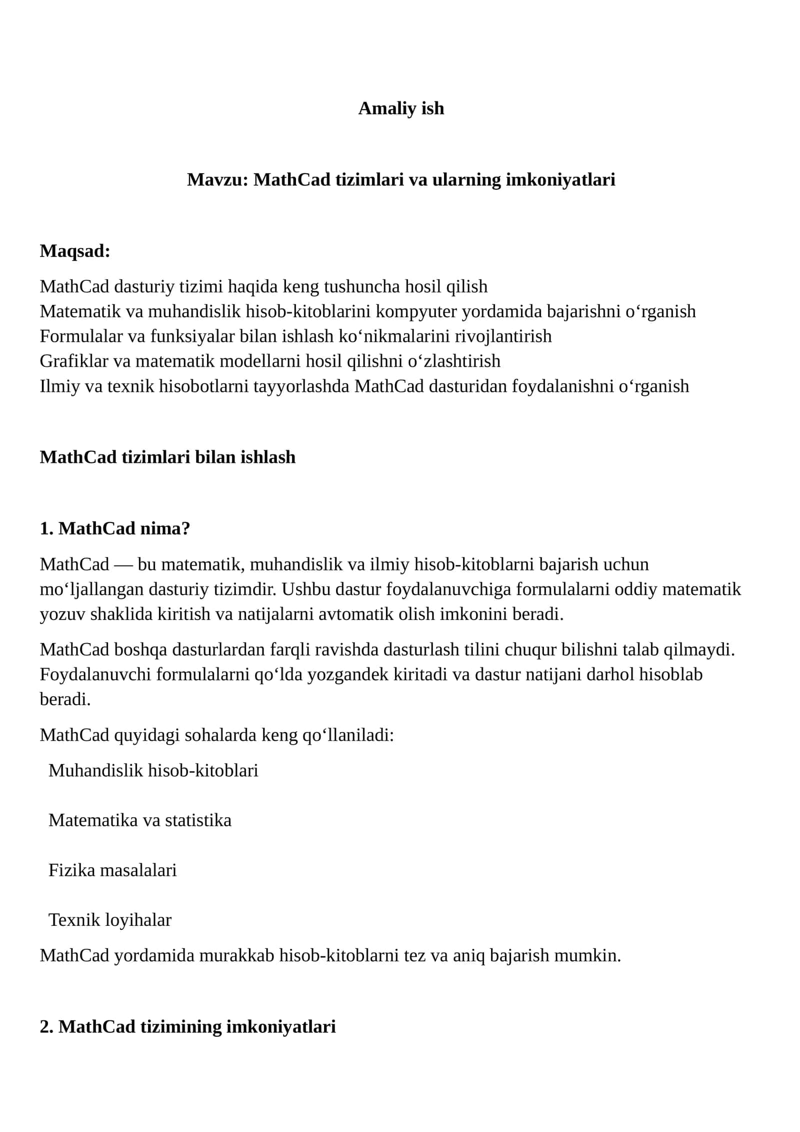 MathCad tizimlari va ularning imkoniyatlari 1