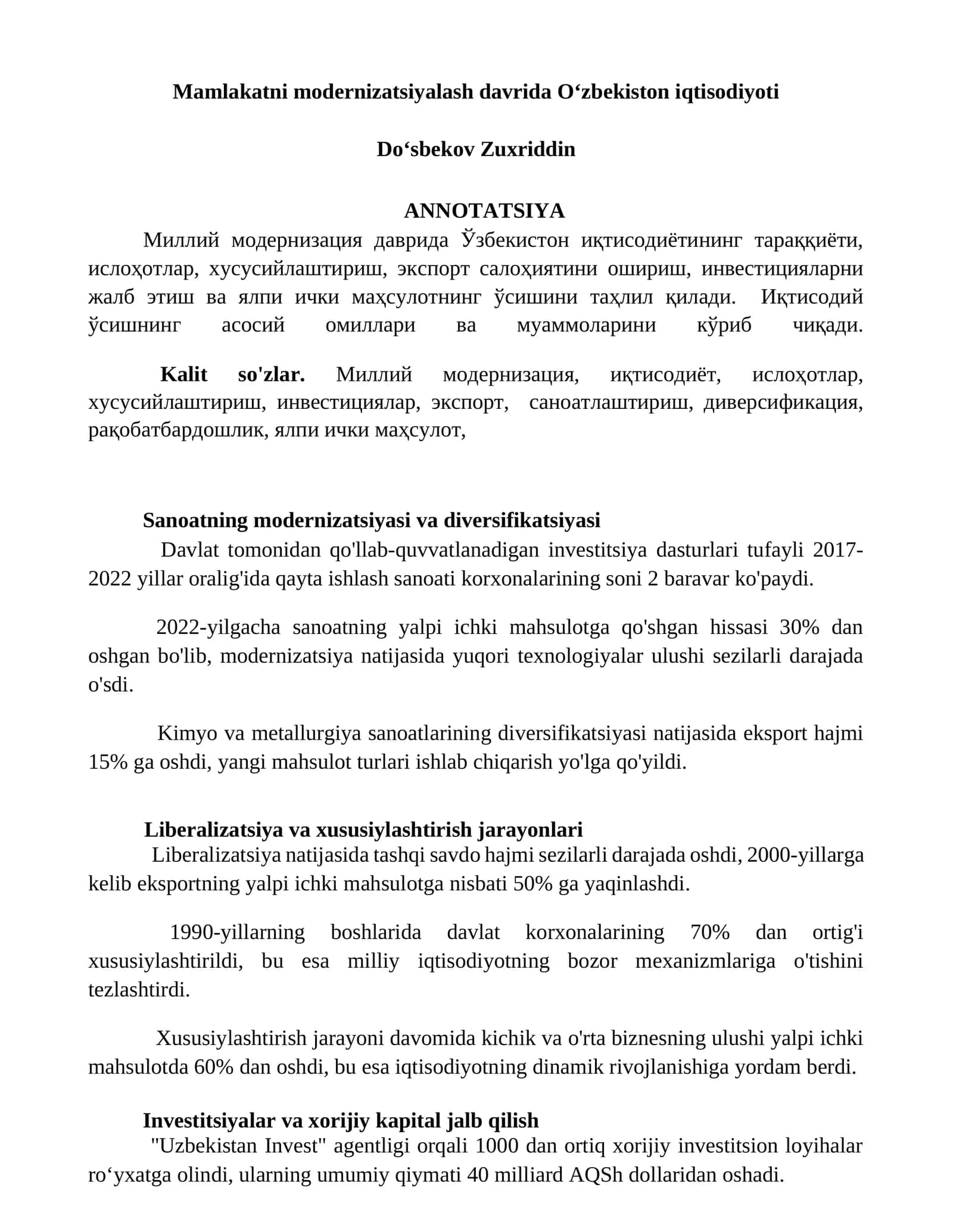 Mamlakatni modernizatsiyalash davrida Oʻzbekiston iqtisodiyoti 1