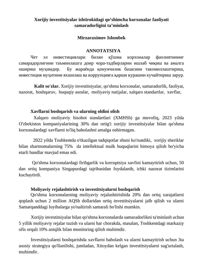 Xorijiy investitsiyalar ishtirokidagi qoʻshimcha korxonalar faoliyati samaradorligini taʼminlash 1