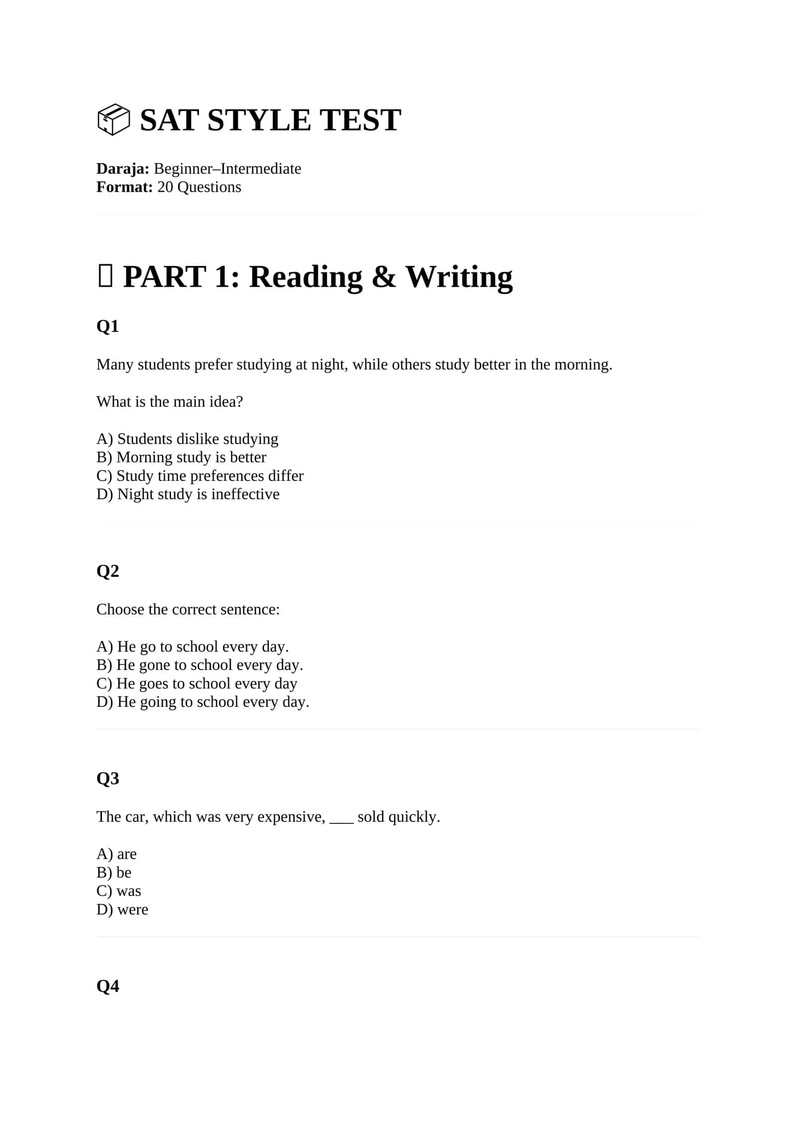 SAT STYLE TEST 1