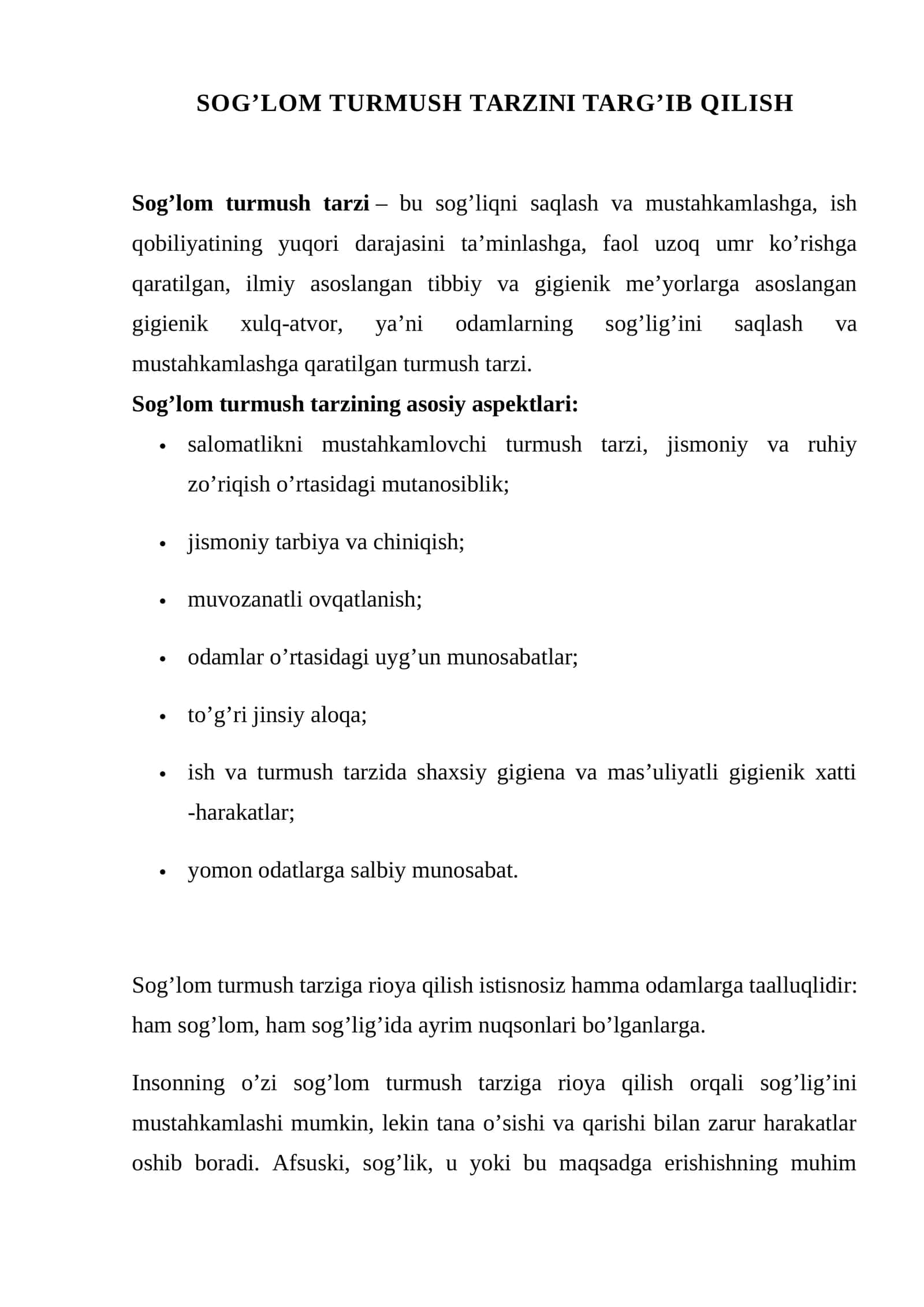 SOG’LOM TURMUSH TARZINI TARG’IB QILISH 1