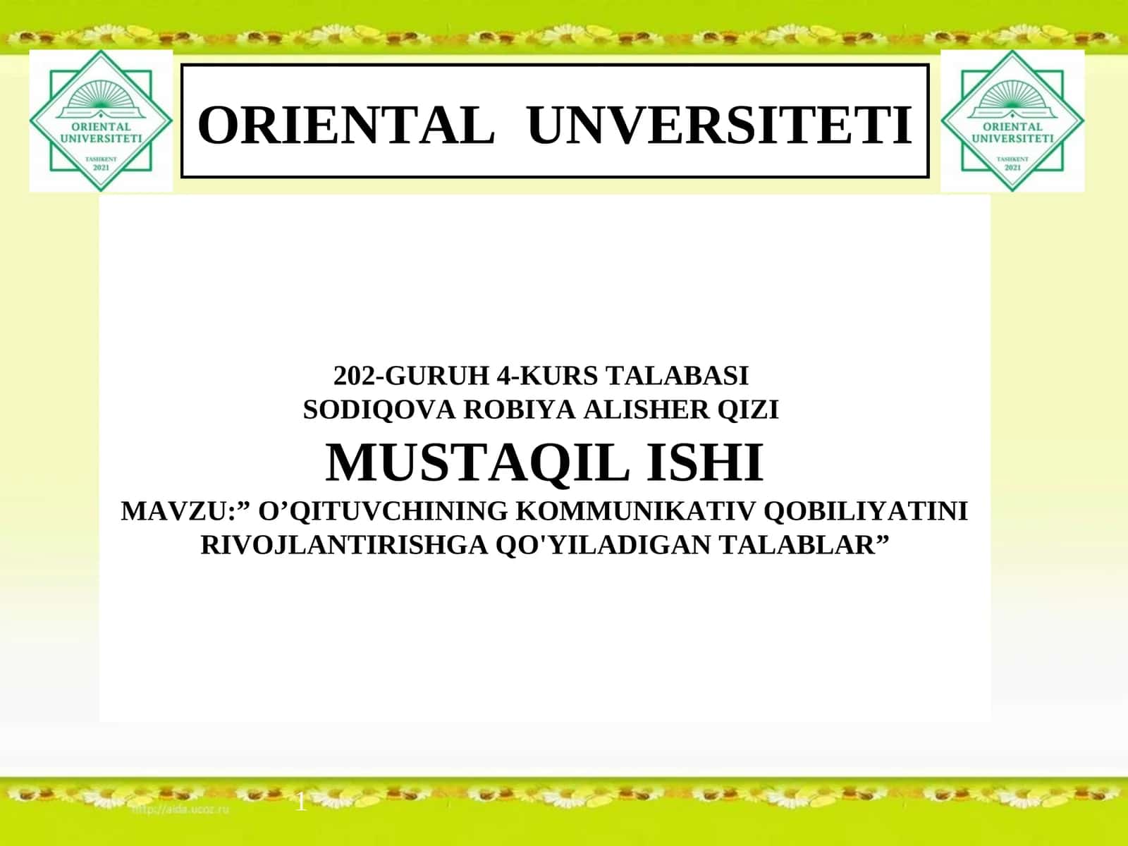 ”O’QITUVCHINING KOMMUNIKATIV QOBILIYATINI RIVOJLANTIRISHGA QO'YILADIGAN TALABLAR” 1