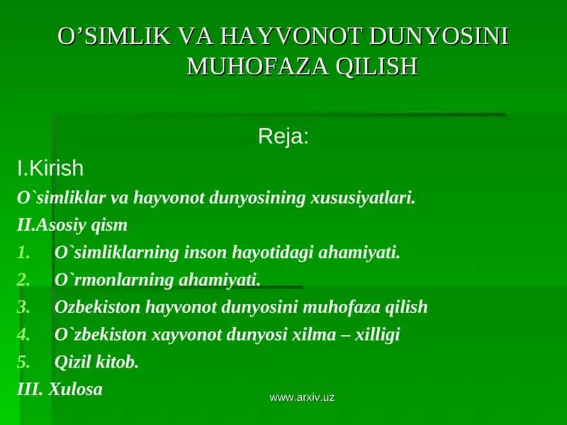 O`SIMLIK VA HAYVONOT DUNYOSINI MUHOFAZA QILISH 1