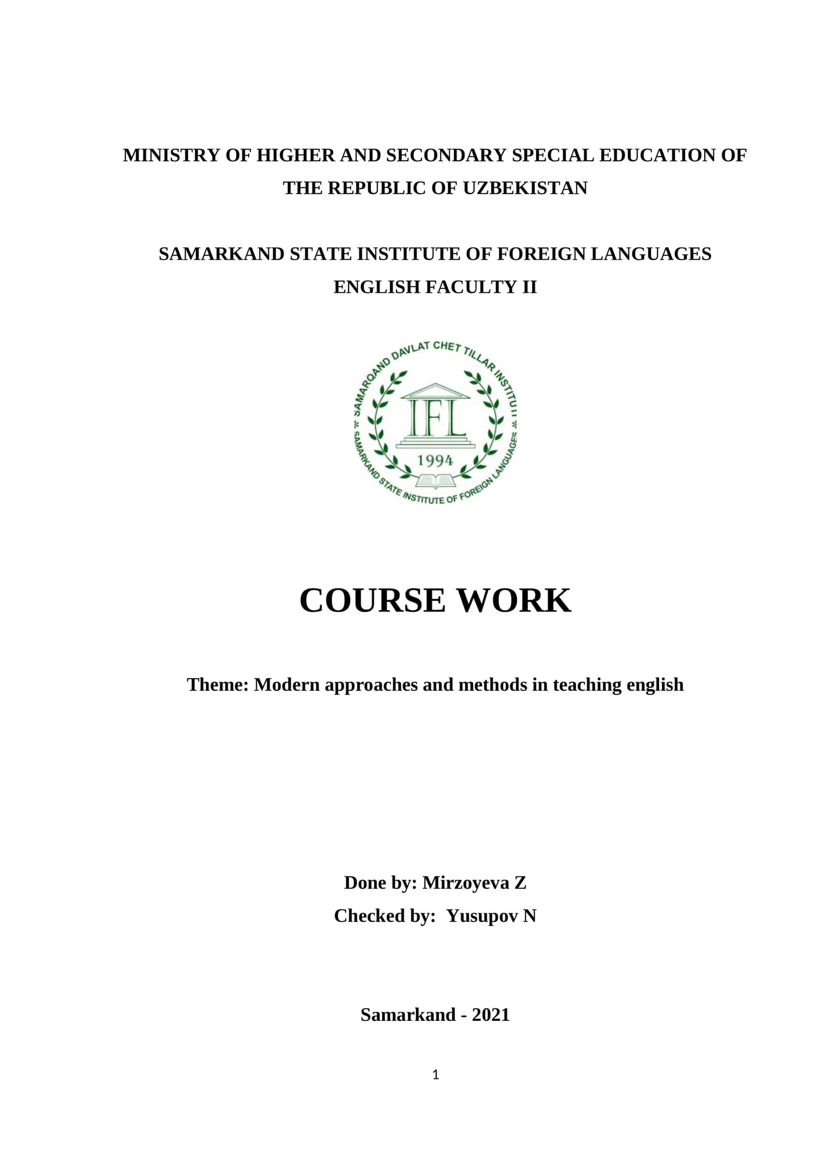 Course Work: Modern Approaches and Methods in Teaching English 1