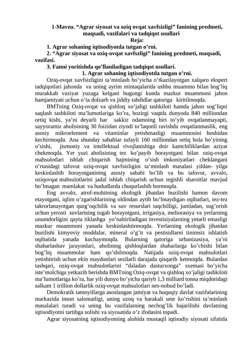 "Agrar siyosat va oziq ovqat xavfsizligi" 1