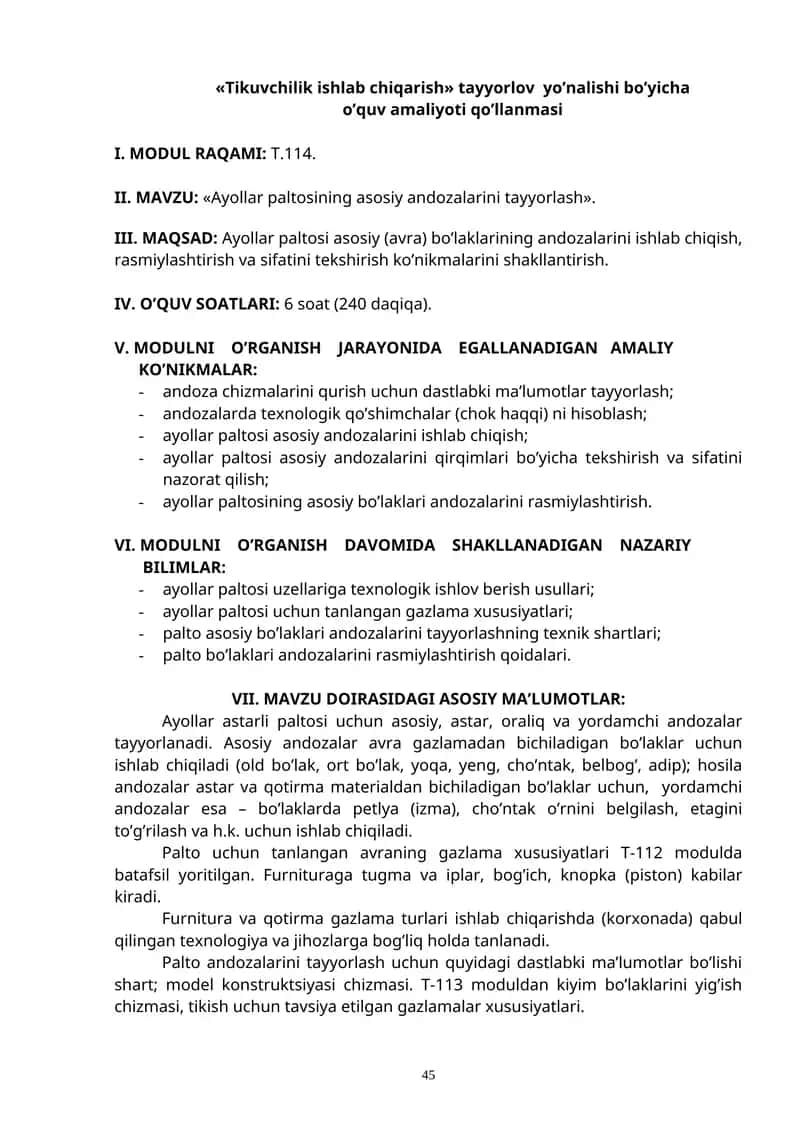 Ayollar paltosining asosiy andozalarini tayyorlash 1