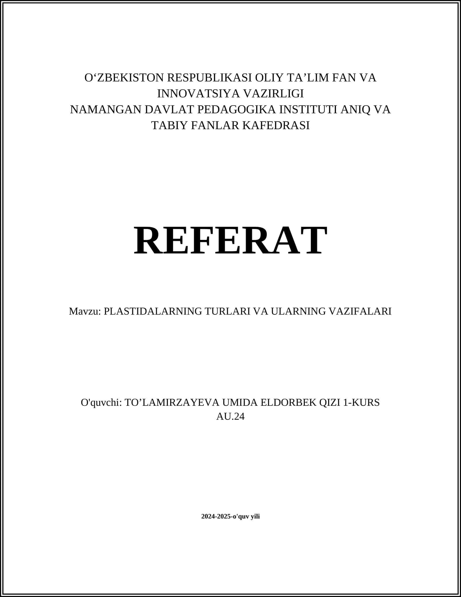PLASTIDALARNING TURLARI VA ULARNING VAZIFALARI 1