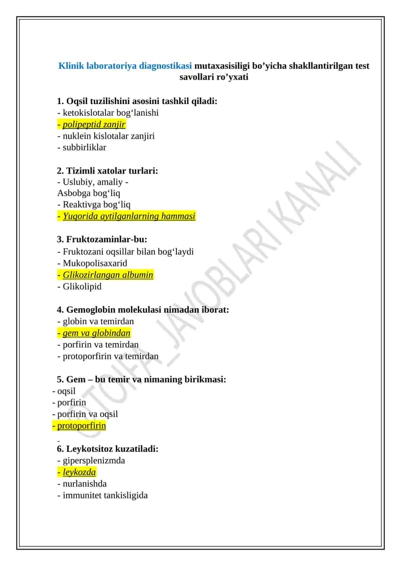 Klinik laboratoriya diagnostikasi mutaxasisiligi bo’yicha shakllantirilgan test savollari ro’yxati 1