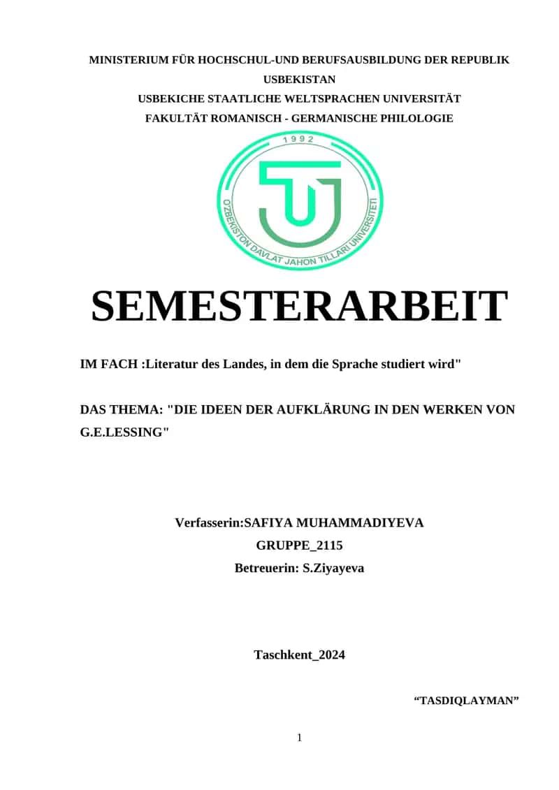 DIE IDEEN DER AUFKLÄRUNG IN DEN WERKEN VON G.E.LESSING 1