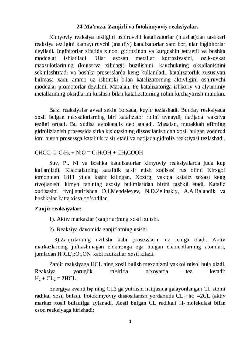 Zanjirli va fotokimyoviy reaksiyalar 1