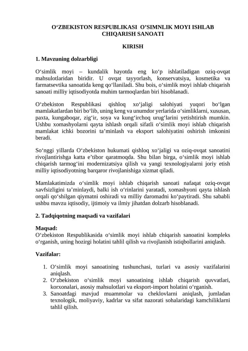 O‘ZBEKISTON RESPUBLIKASI O’SIMNLIK MOYI ISHLAB CHIQARISH SANOATI 1