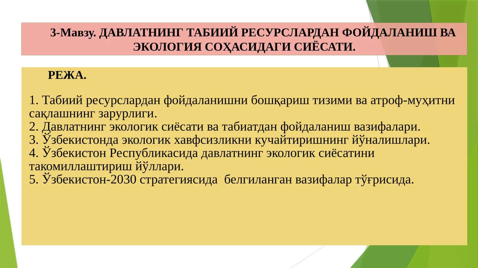 ДАВЛАТНИНГ ТАБИИЙ РЕСУРСЛАРДАН ФОЙДАЛАНИШ ВА ЭКОЛОГИЯ СОҲАСИДАГИ СИЁСАТИ 1