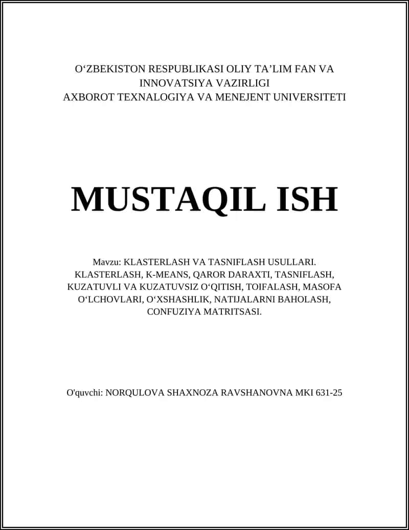 KLASTERLASH VA TASNIFLASH USULLARI 1