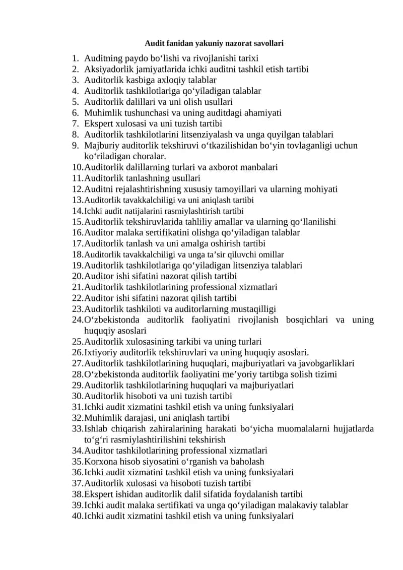 Audit fanidan yakuniy nazorat savollari 1