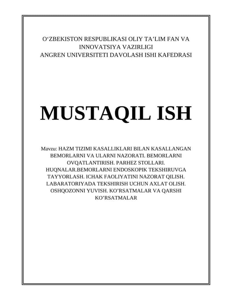HAZM TIZIMI KASALLIKLARI BILAN KASALLANGAN BEMORLARNI VA ULARNI NAZORATI 1