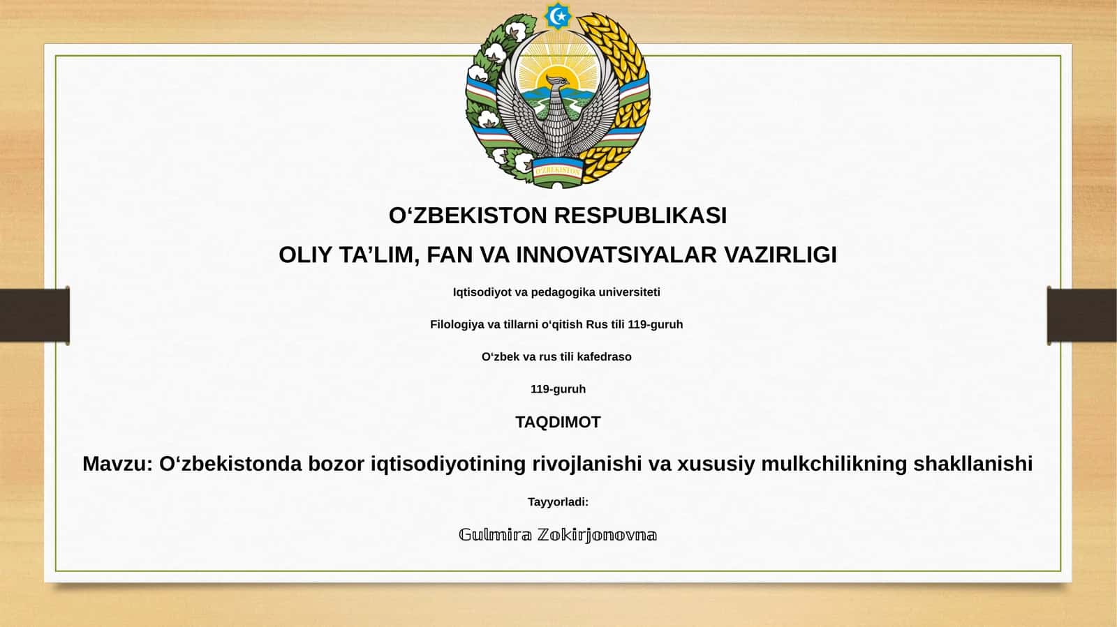 Oʻzbekistondagi bozor iqtisodiyotining rivojlanishi va xususiy mulkchilikning shakllanishi 1