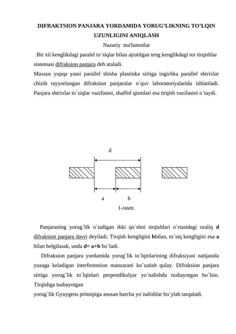 DIFRAKTSION PANJARA YORDAMIDA YORUG’LIKNING TO’LQIN UZUNLIGINI ANIQLASH 1