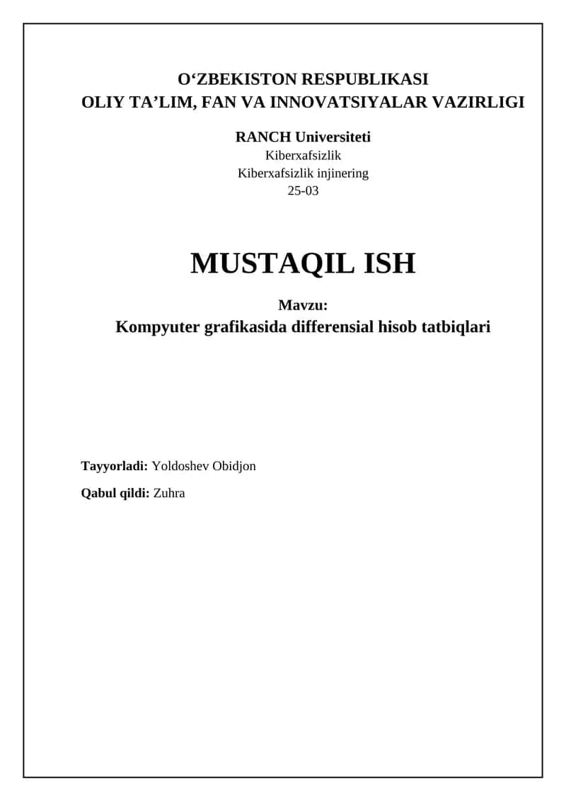 Kompyuter grafikasida differensial hisob tatbiqlari 1
