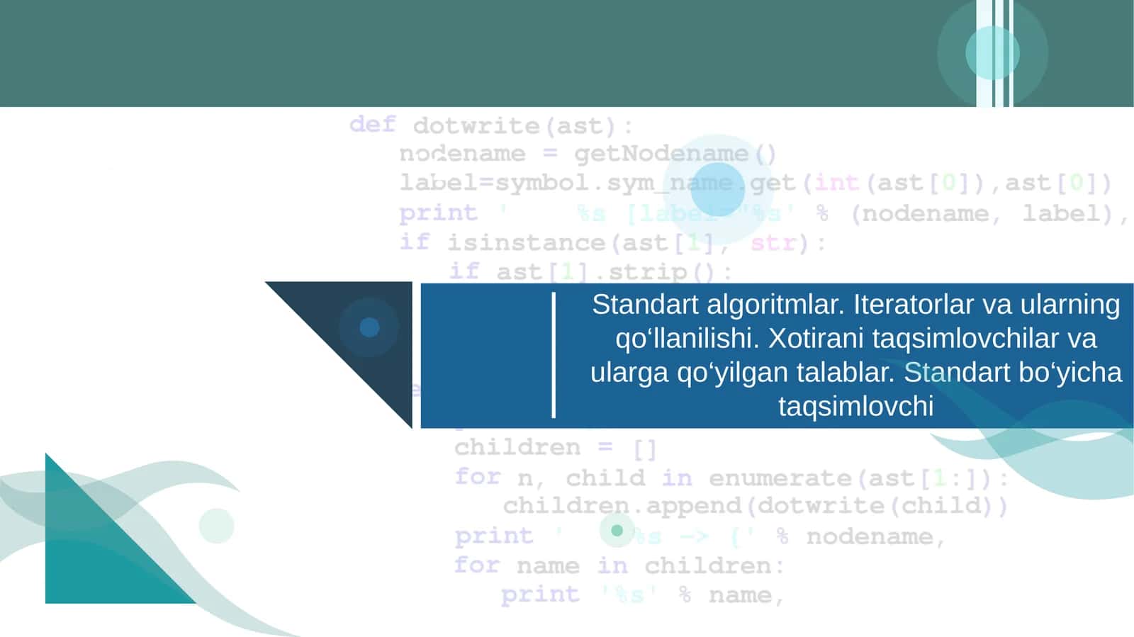 Standart algoritmlar. Iteratorlar va ularning qo‘llanilishi. Xotirani taqsimlovchilar va ularga qo‘yilgan talablar. Standart bo‘yicha taqsimlovchi 1