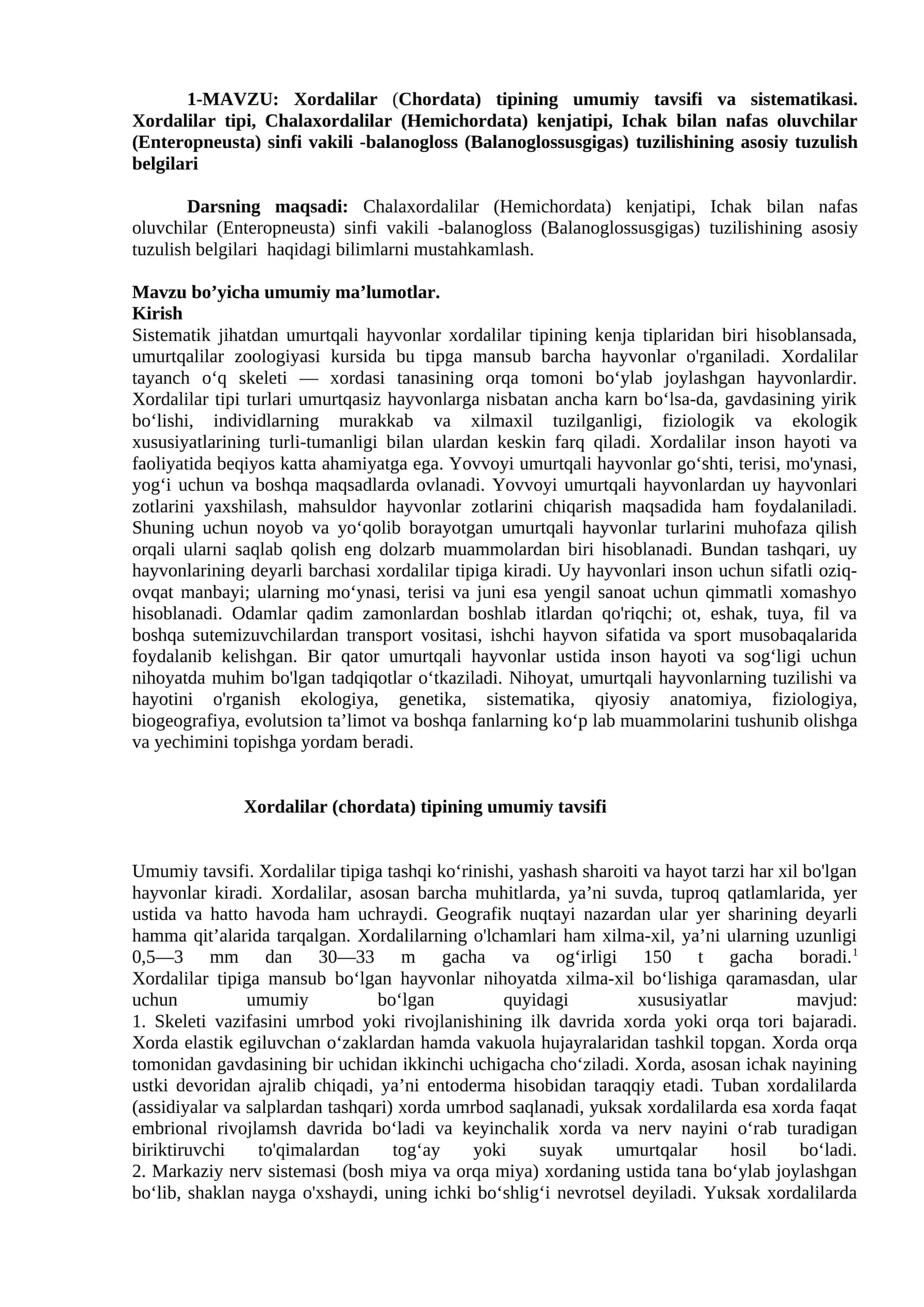 Xordalilar (Chordata) tipining umumiy tavsifi va sistematikasi 1