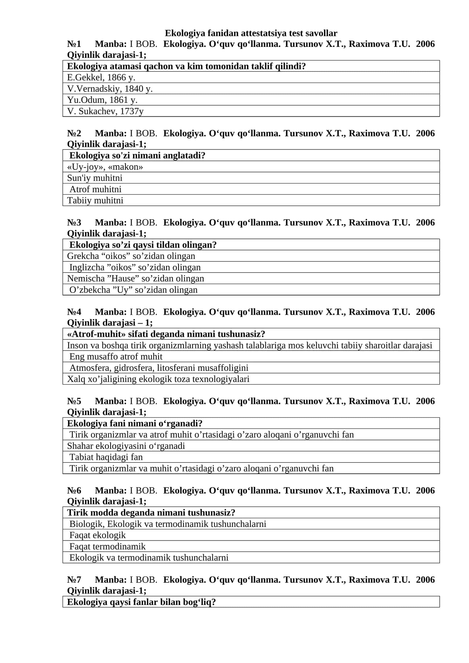 Ekologiya fanidan attestatsiya test savollar 1