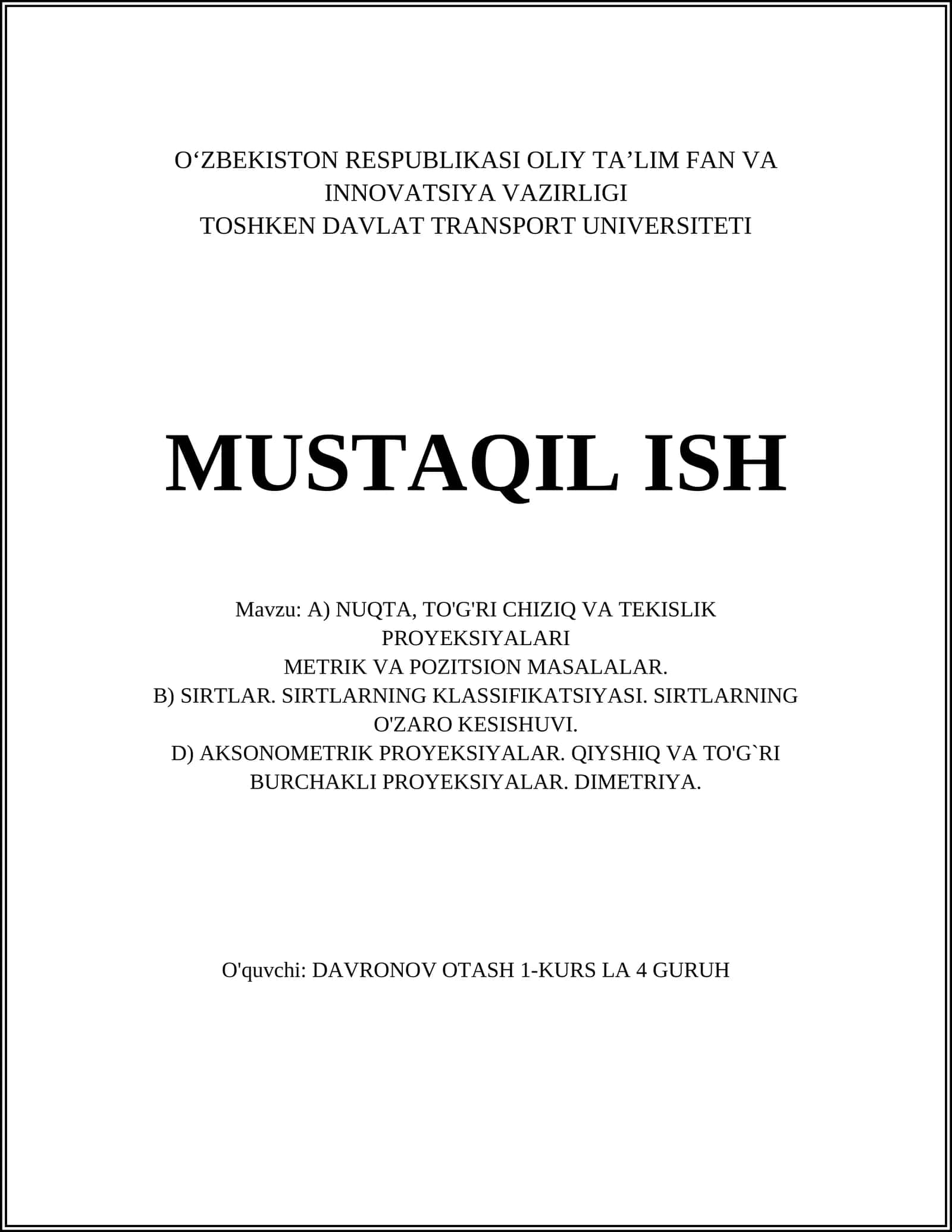NUQTA, TO'G'RI CHIZIQ VA TEKISLIK PROYEKSIYALARI 1