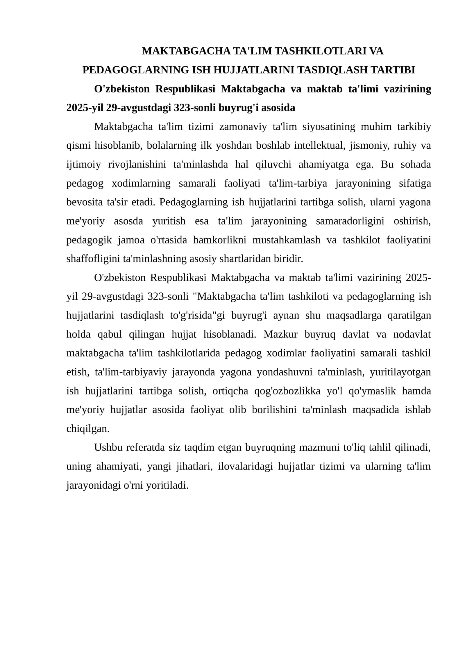 MAKTABGACHA TA'LIM TASHKILOTLARI VA PEDAGOGLARNING ISH HUJJATLARINI TASDIQLASH TARTIBI 1