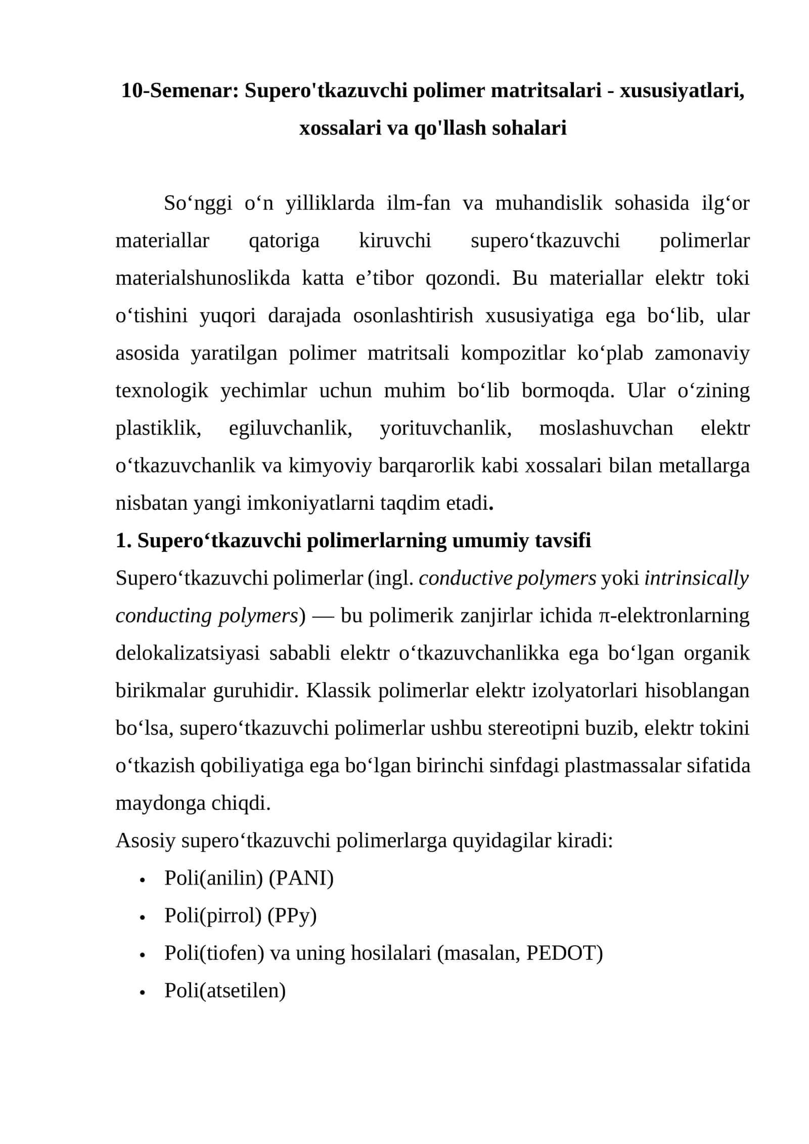 Supero'tkazuvchi polimer matritsalari - xususiyatlari, xossalari va qo'llash sohalari 1