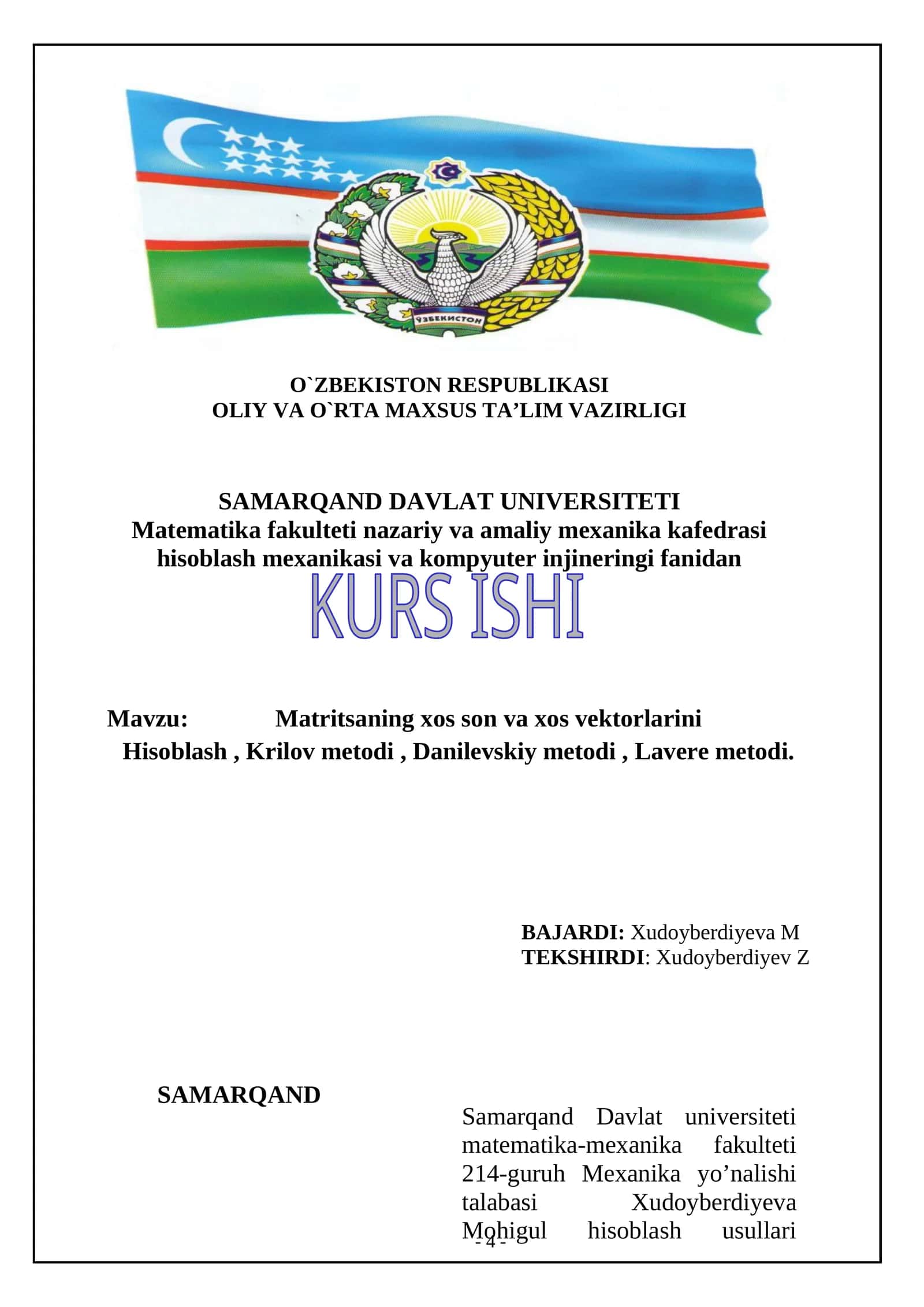 Matritsaning xos son va xos vektorlarini hisoblash 1
