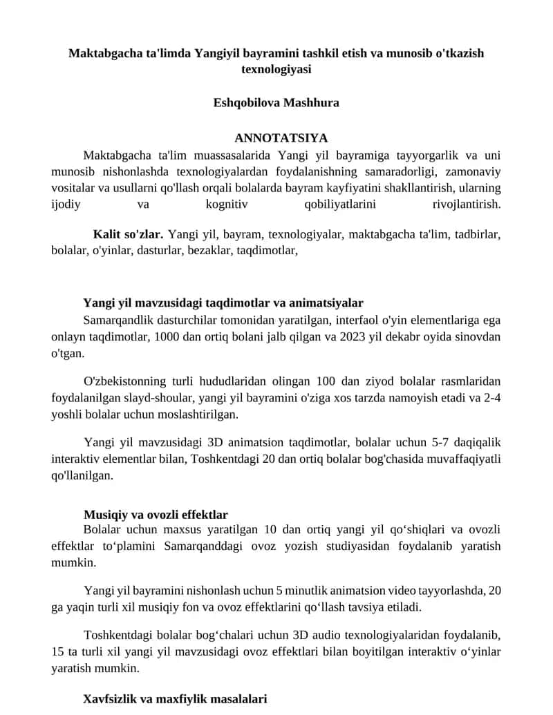Maktabgacha ta'limda Yangiyil bayramini tashkil etish va munosib o'tkazish texnologiyasi 1
