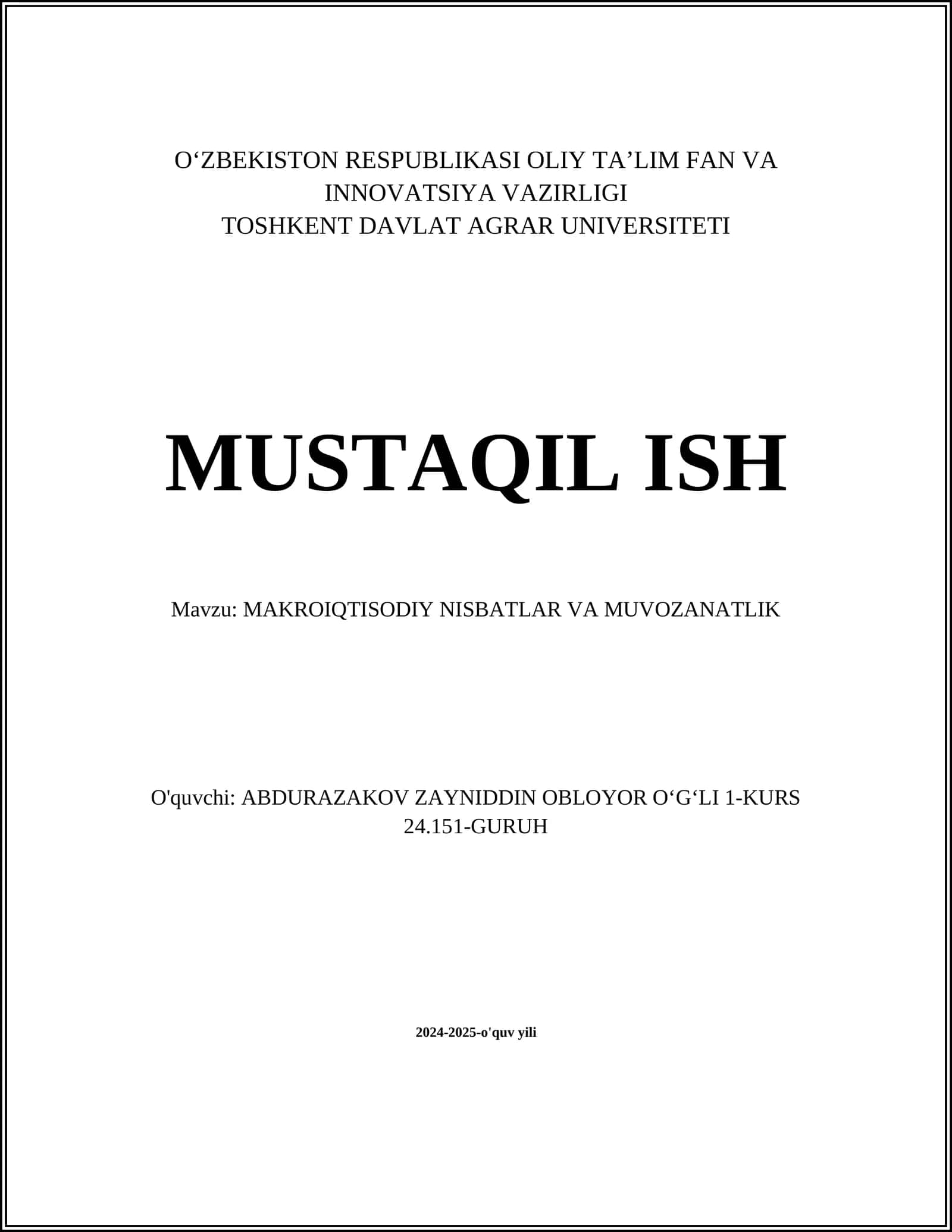 MAKROIQTISODIY NISBATLAR VA MUVOZANATLIK 1