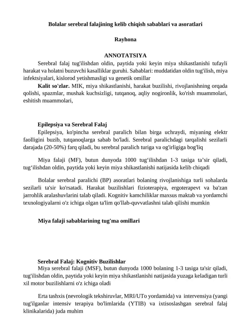 Bolalar serebral falajining kelib chiqish sabablari va asoratlari 1