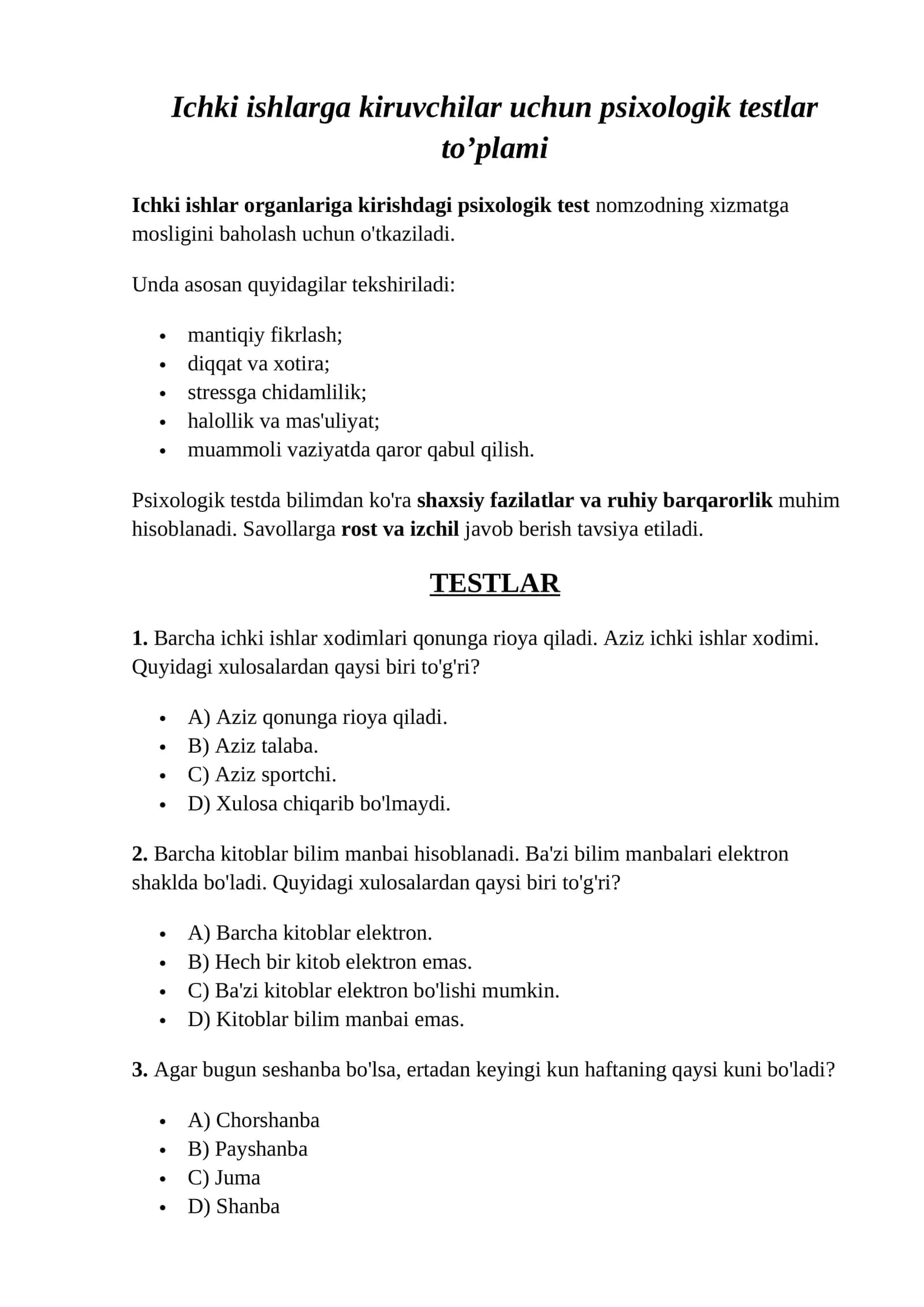 Ichki ishlarga kiruvchilar uchun psixologik testlar to’plami 1