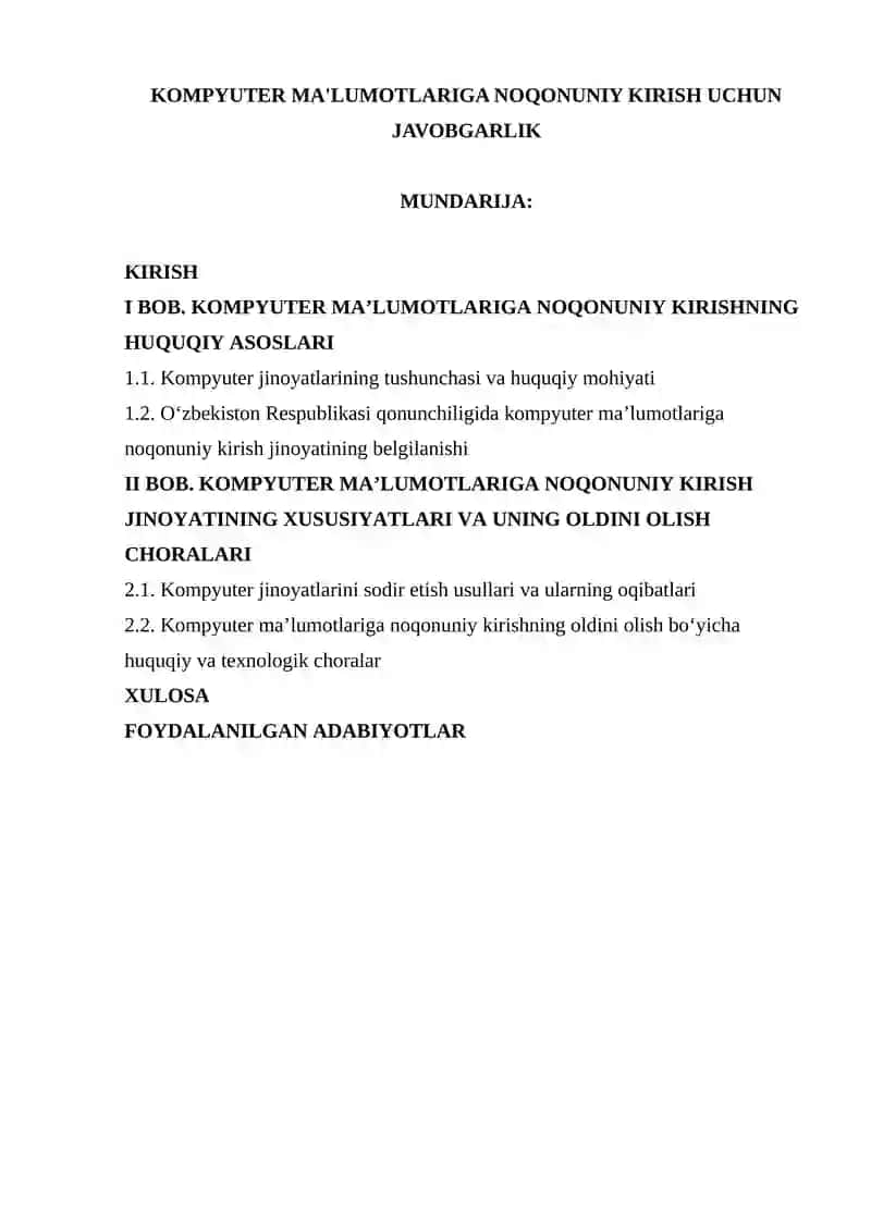 KOMPYUTER MA'LUMOTLARIGA NOQONUNIY KIRISH UCHUN JAVOBGARLIK