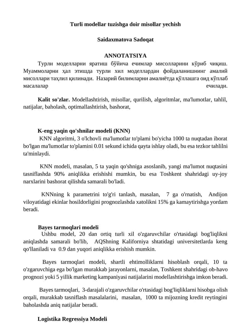Turli modellar tuzishga doir misollar yechish 1