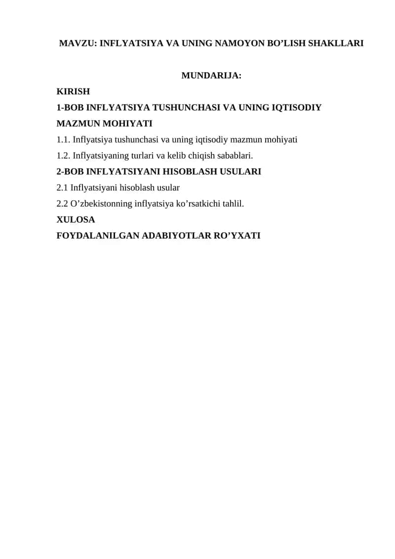 INFLYATSIYA VA UNING NAMOYON BO’LISH SHAKLLARI 1