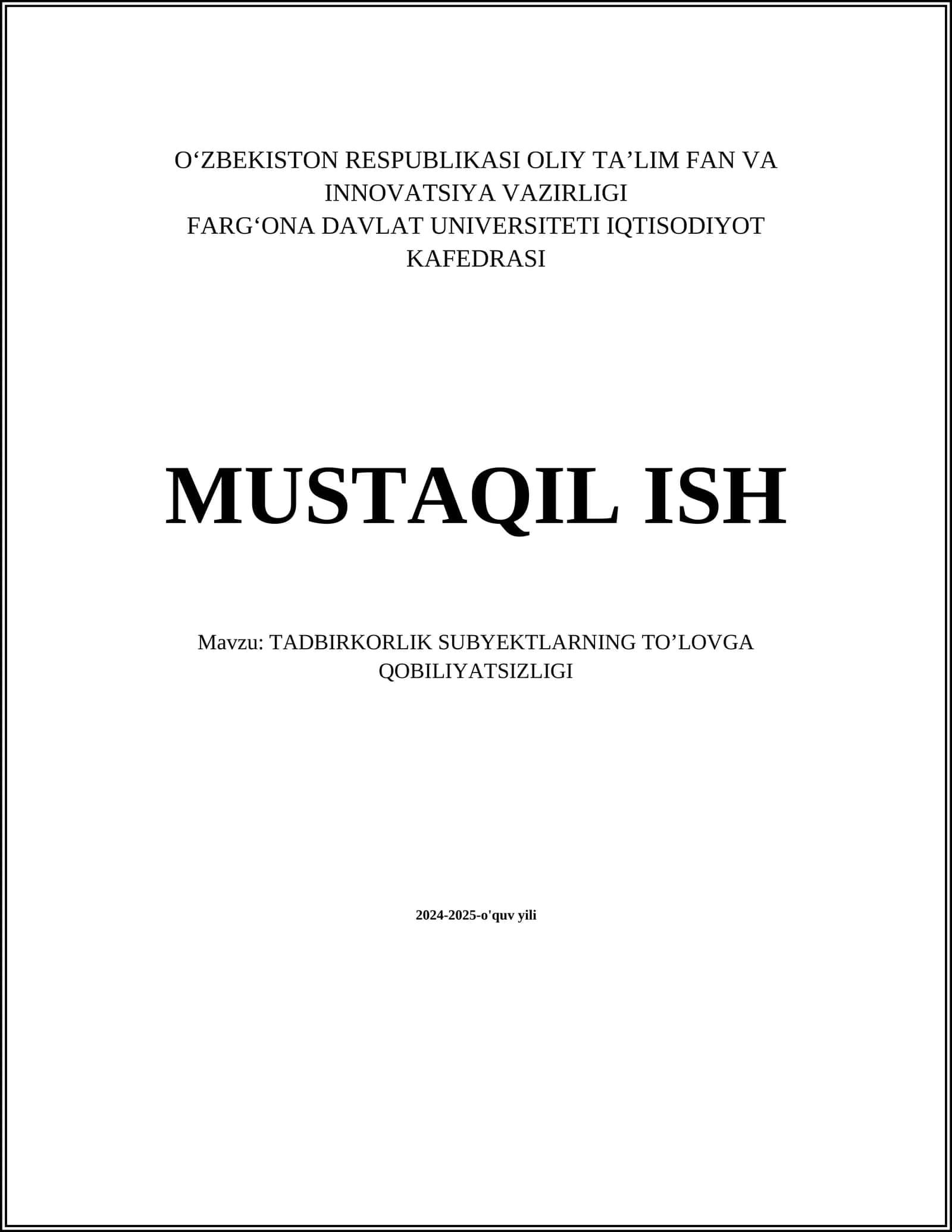 TADBIRKORLIK SUBYEKTLARNING TOʼLOVGA QOBILIYATSIZLIGI 1