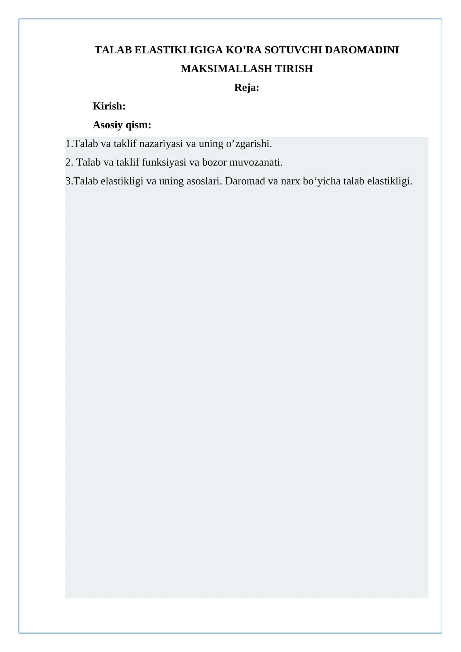 TALAB ELASTIKLIGIGA KO’RA SOTUVCHI DAROMADINI MAKSIMALLASH TIRISH 1