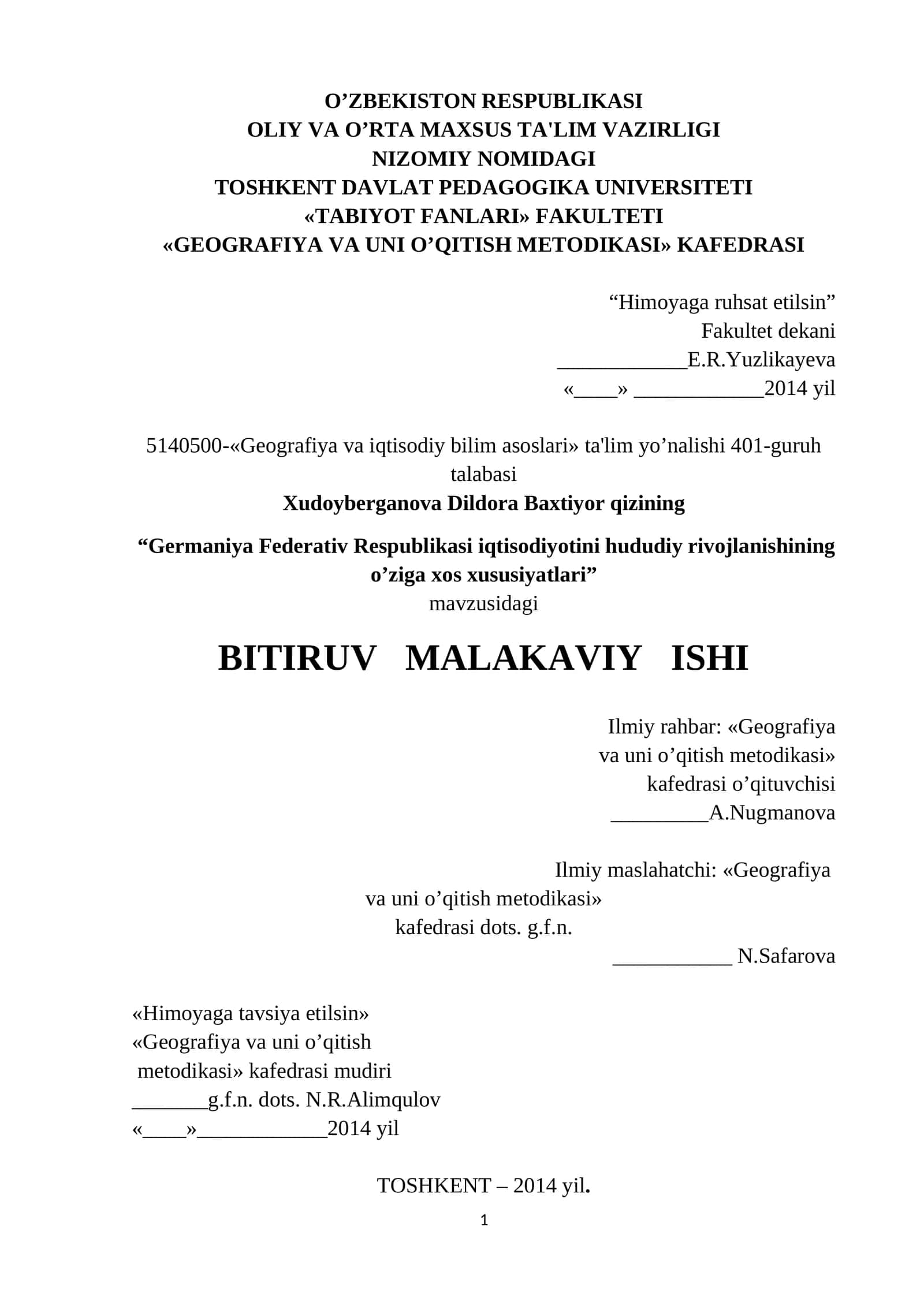 Germaniya Federativ Respublikasi iqtisodiyotini hududiy rivojlanishining o’ziga xos xususiyatlari 1