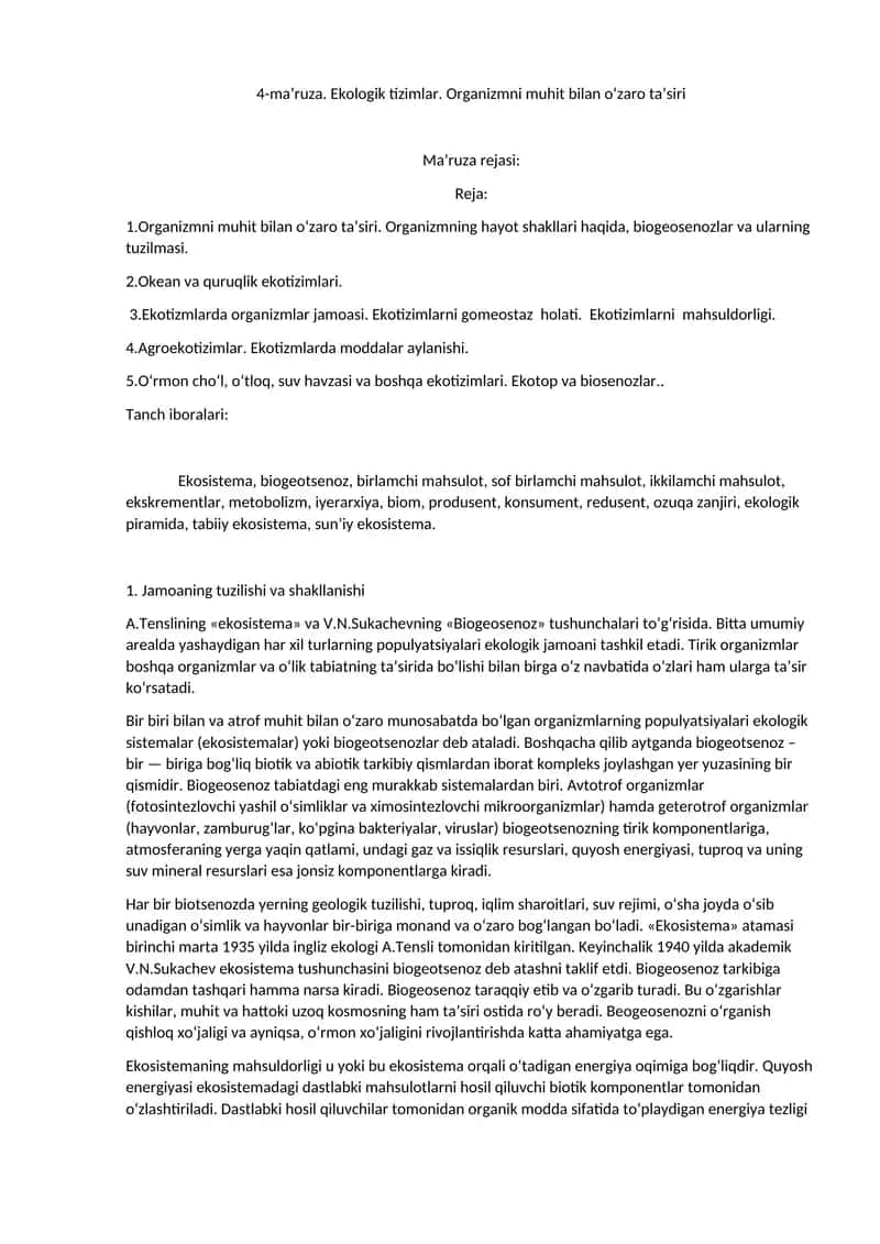 Ekologik tizimlar. Organizmni muhit bilan o‘zaro ta’siri 1
