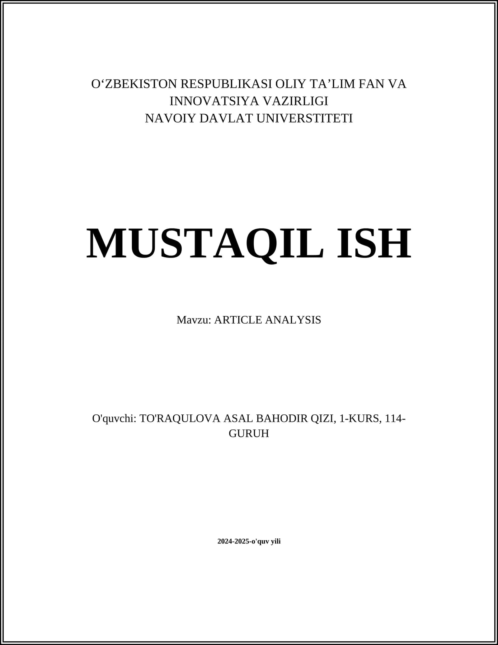 MUSTAQIL ISH Mavzu: ARTICLE ANALYSIS 1