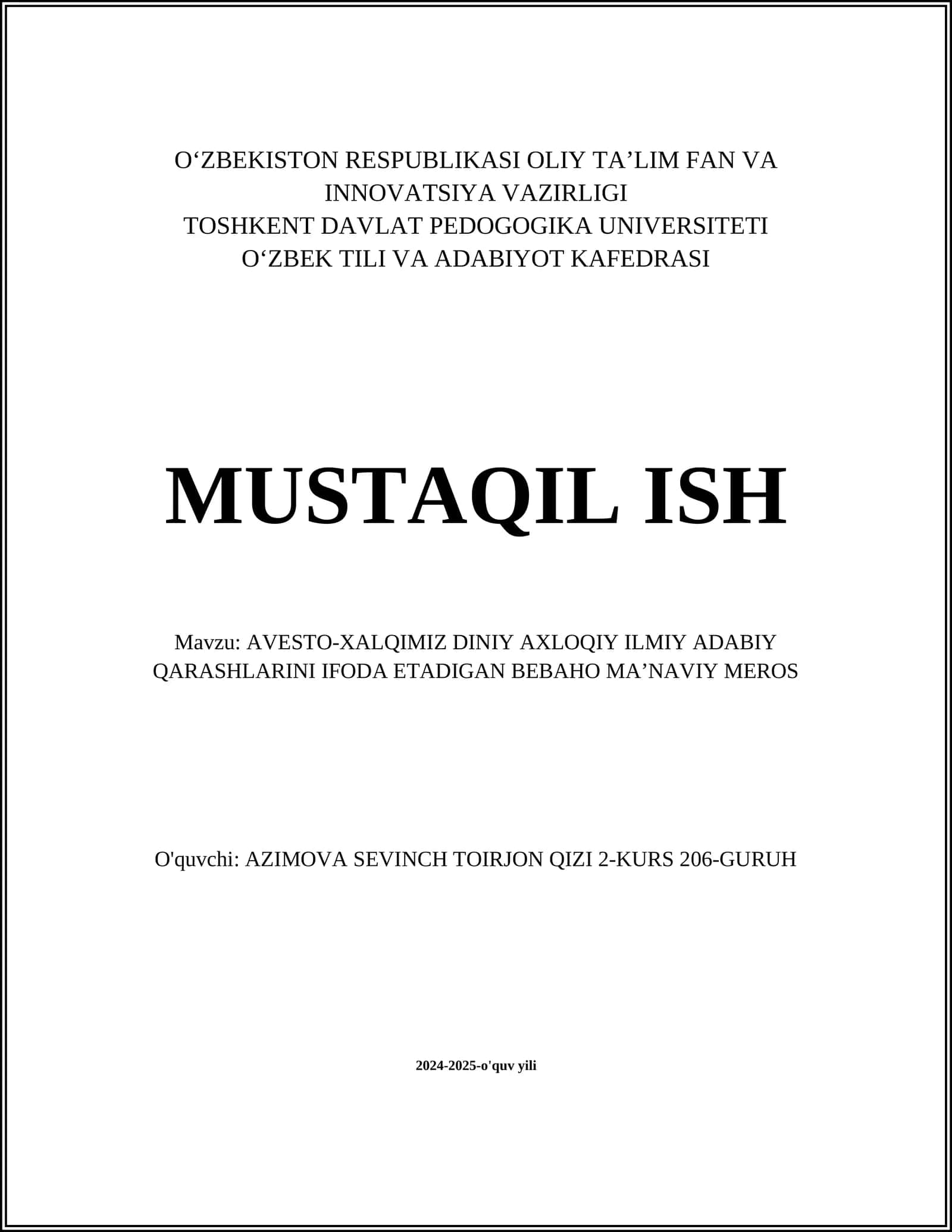 AVESTO-XALQIMIZ DINIY AXLOQIY ILMIY ADABIY QARASHLARINI IFODA ETADIGAN BEBAHO MAʼNAVIY MEROS 1