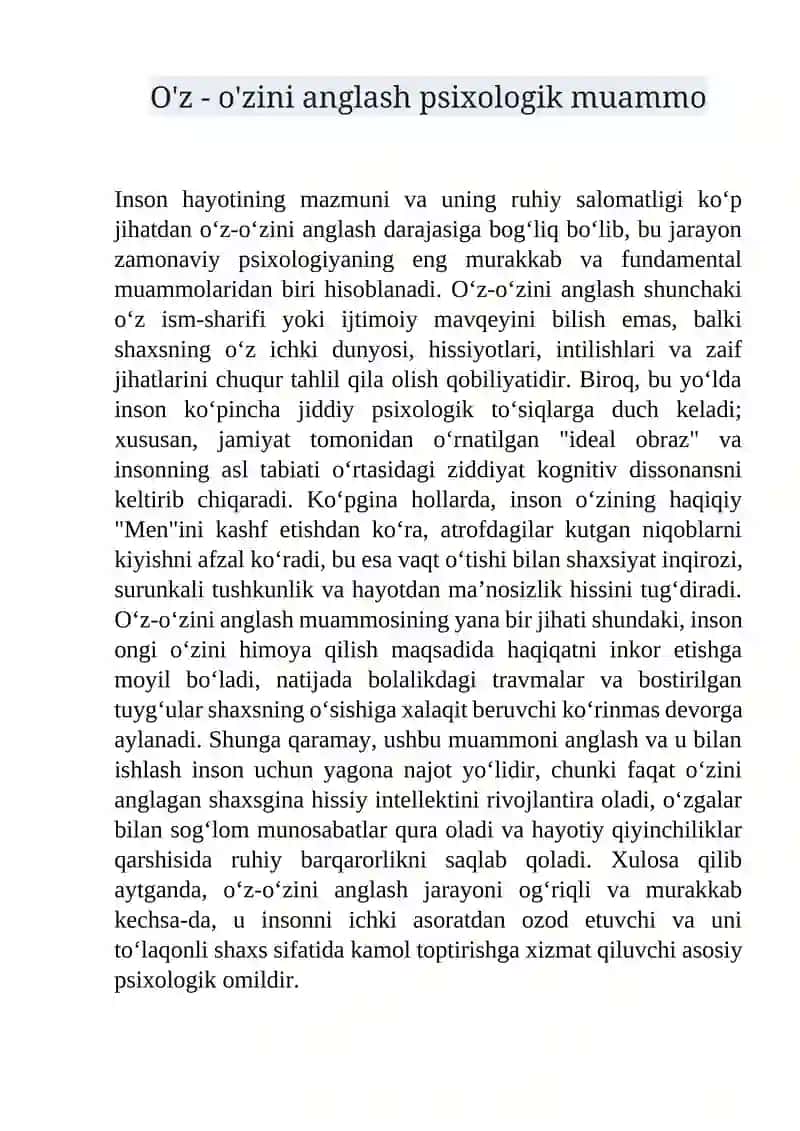 O'z - o'zini anglash psixologik muammo