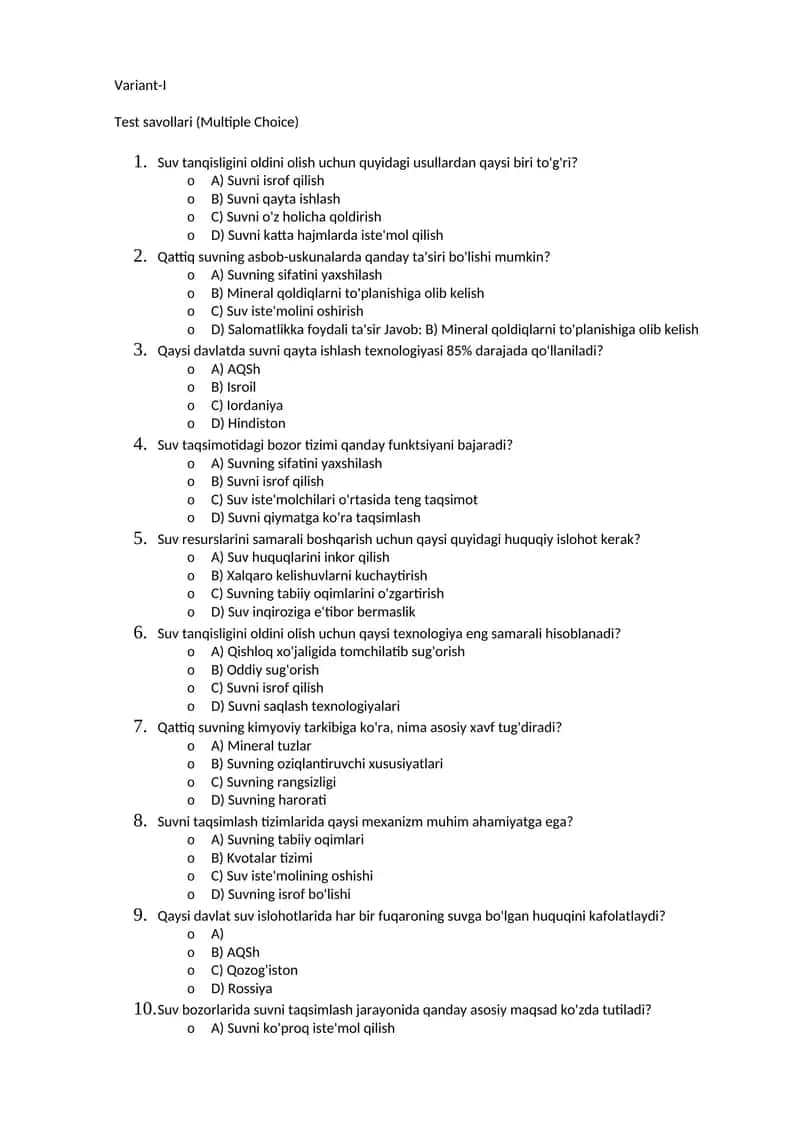 Test savollari (Multiple Choice) 1