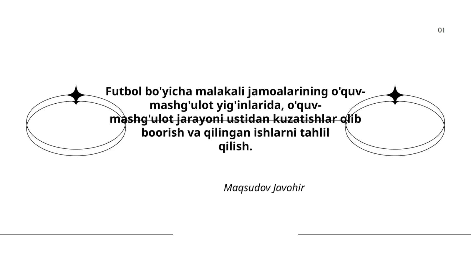 Futbol bo'yicha malakali jamoalarining o'quv-mashg'ulot yig'inlarida, o'quv-mashg'ulot jarayoni ustidan kuzatishlar olib boorish va qilingan ishlarni tahlil 1