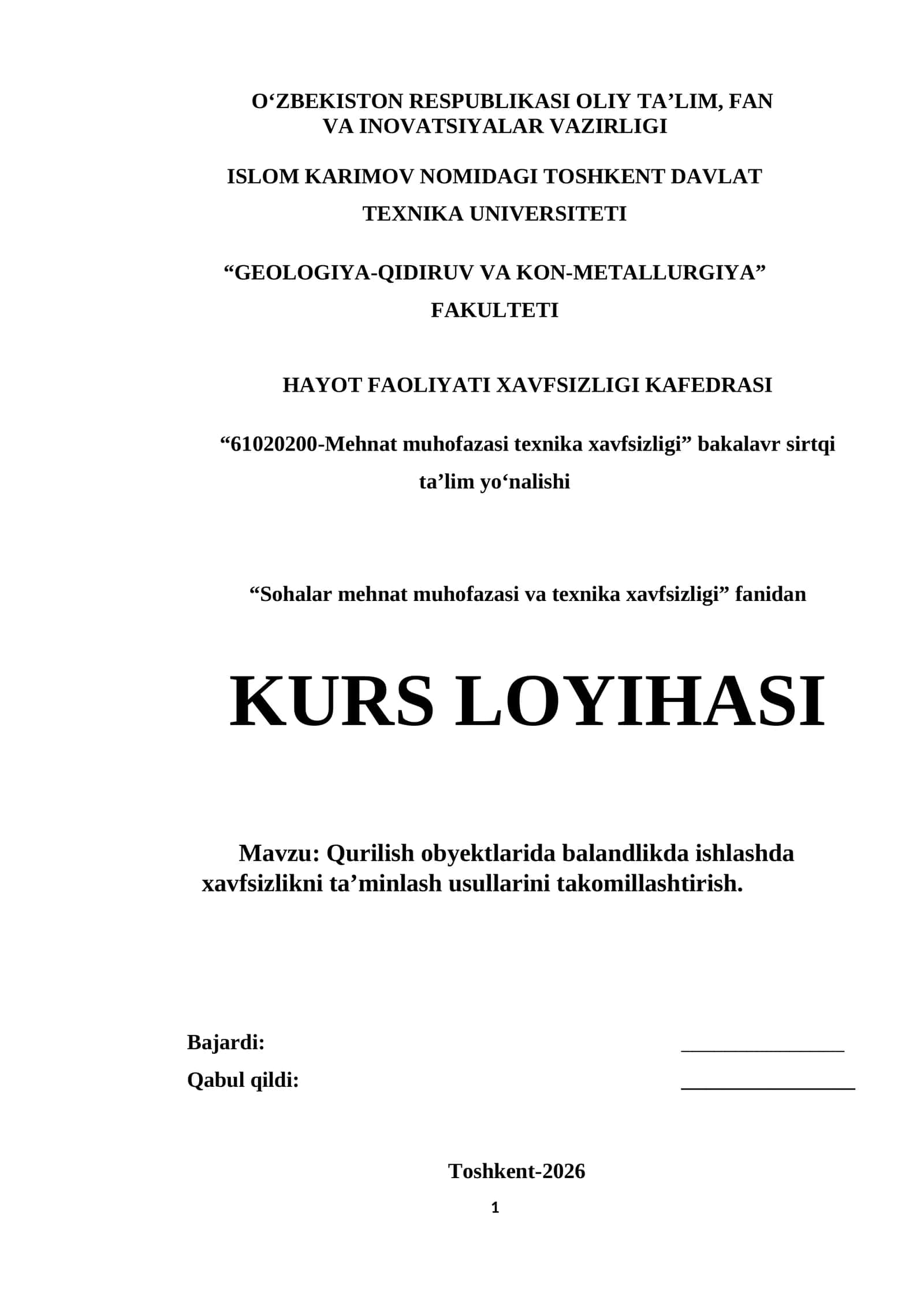 Qurilish obyektlarida balandlikda ishlashda xavfsizlikni ta’minlash usullarini takomillashtirish 1