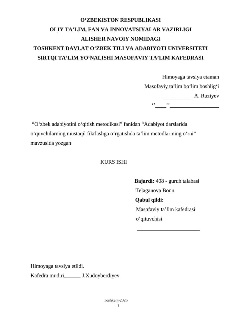 Adabiyot darslarida oʻquvchilarning mustaqil fikrlashga oʻrgatishda taʼlim metodlarining oʻrni 1